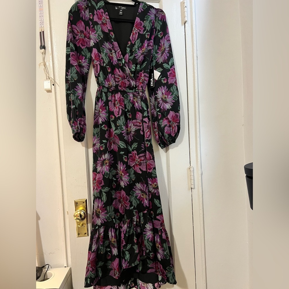 Aqua Black and Purple Floral Long Sleeve Dress